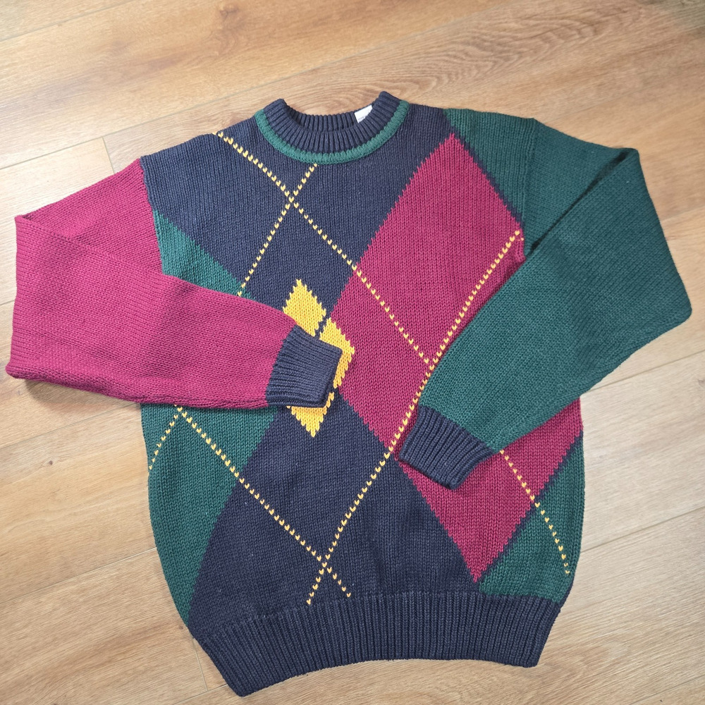 Vintage Sears Roebuck Argyle Sweater Mens L Diamond Knit Retro Preppy Geometric